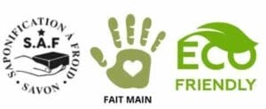 Trois logos : saponification à froid (S.A.F), fait main (empreinte de main avec cœur), et eco-friendly (feuille verte).