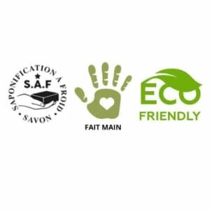 Trois logos : saponification à froid (S.A.F), fait main (empreinte de main avec cœur), et eco-friendly (feuille verte).