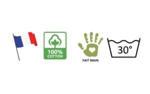 4 Logos, un drapeau bleu blanc rouge francais, un logo 100% coton biologique vert, une main verte ecrit fain main, un logo une bassine remplit d'eau avec le chiffre 30 ° pour la lessive.