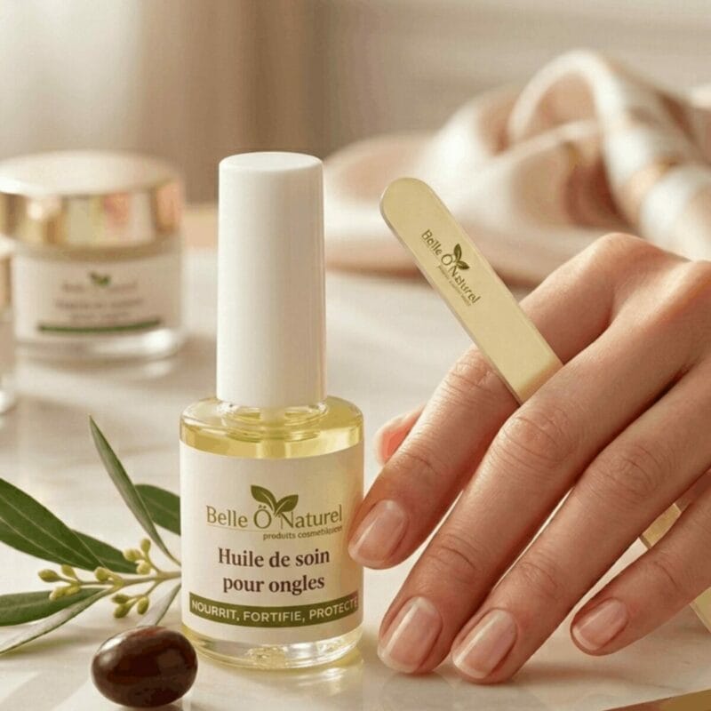 Flacon d'huile de soin naturelle pour les ongles et les cuticules.